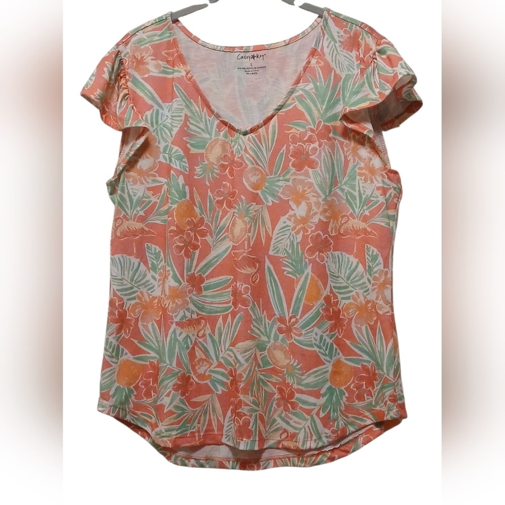 Casey Key - NWOT, Multi Colored Floral Blouse, Flutter Sleeves, V-Neck, Stretch, - Picture 3 of 7